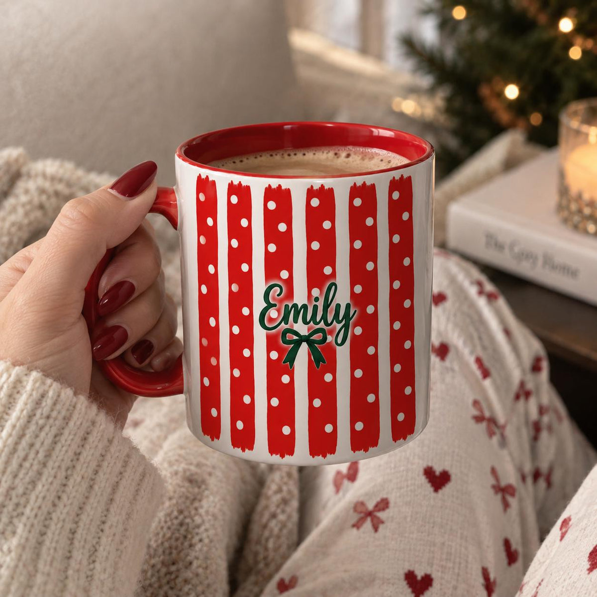 Personalized Christmas Mug, Red Striped Mug, Custom Name Coffee Cup, Holiday Gift for Her