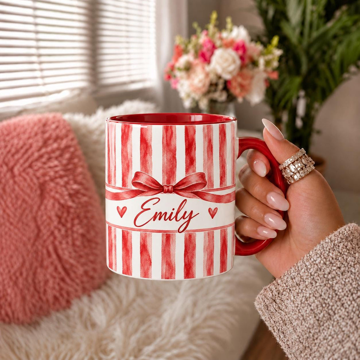 Personalized Christmas Mug, Red Striped Ceramic Coffee Cup with Custom Name and Bow