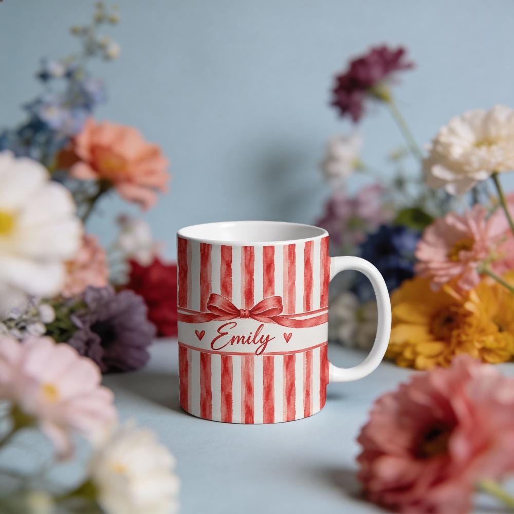 Personalized Christmas Mug, Red Striped Ceramic Coffee Cup with Custom Name and Bow