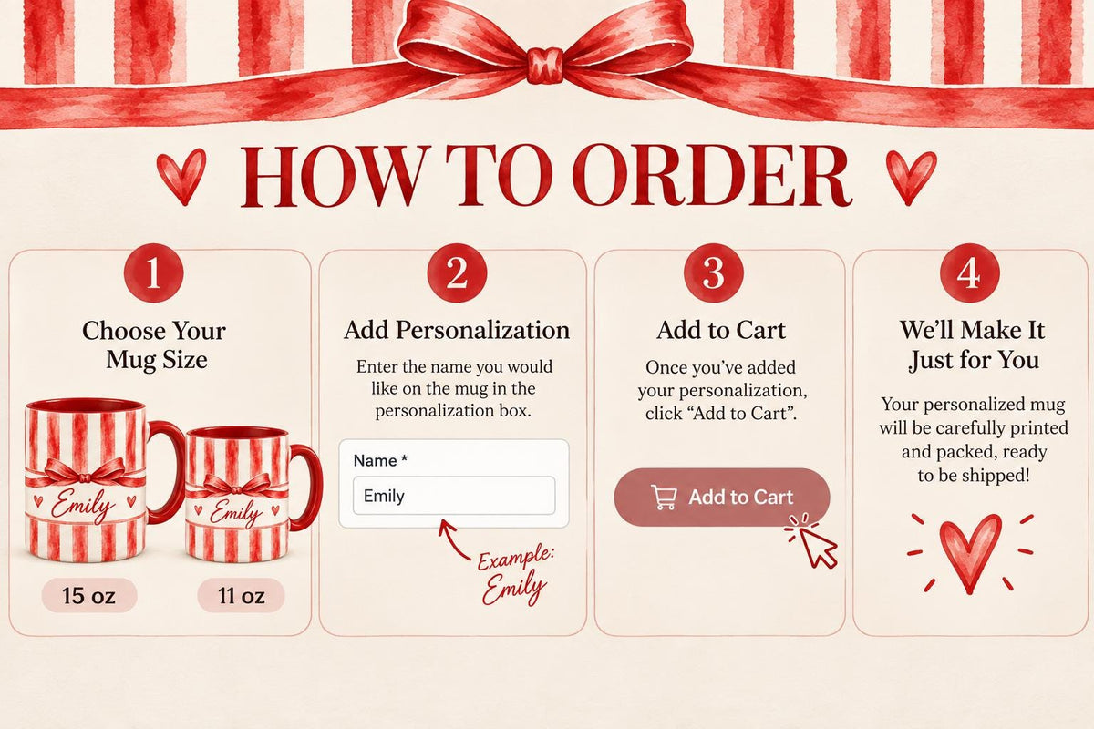 Personalized Christmas Mug, Red Striped Ceramic Coffee Cup with Custom Name and Bow