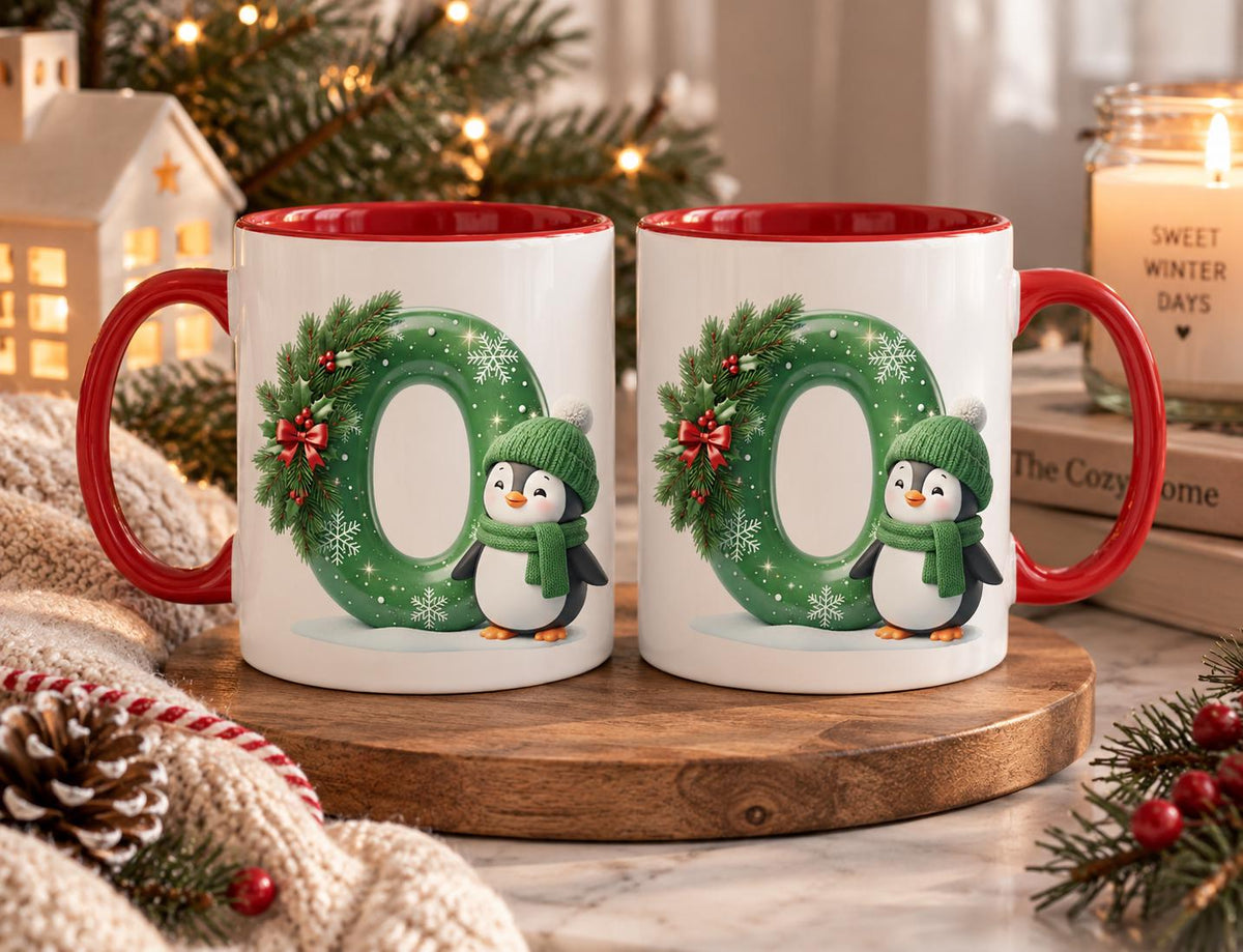 Personalized Christmas Initial Mug, Green Letter Coffee Cup with Penguin and Snowflakes