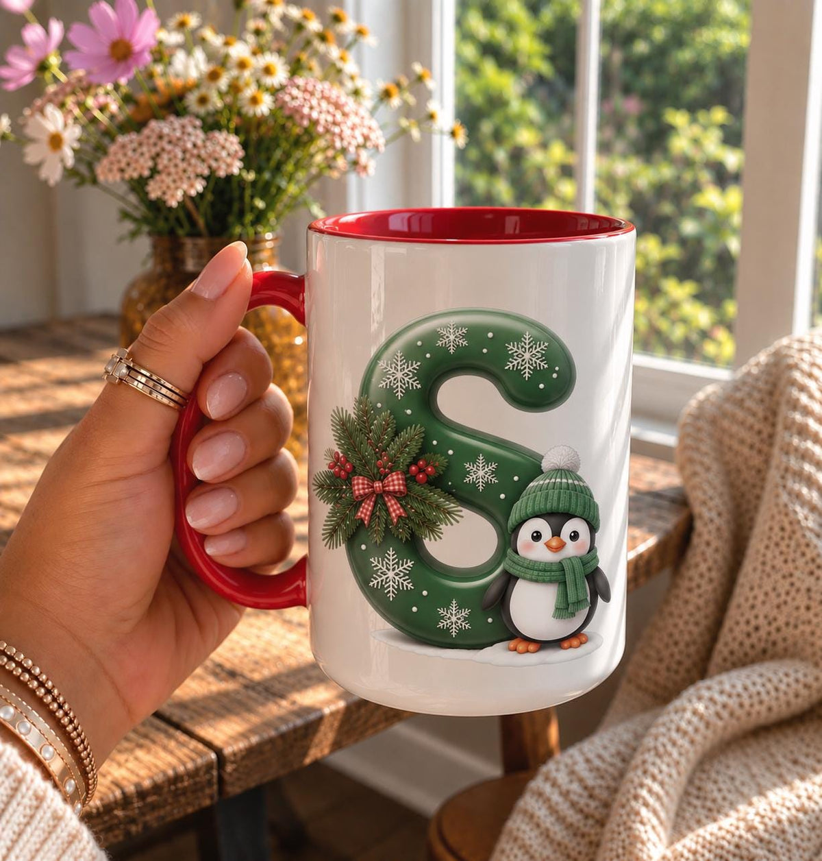 Personalized Christmas Initial Mug, Green Letter Coffee Cup with Penguin and Snowflakes