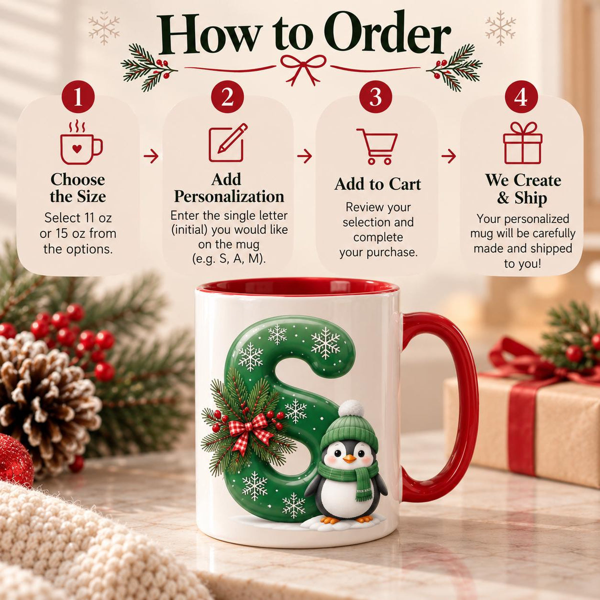 Personalized Christmas Initial Mug, Green Letter Coffee Cup with Penguin and Snowflakes
