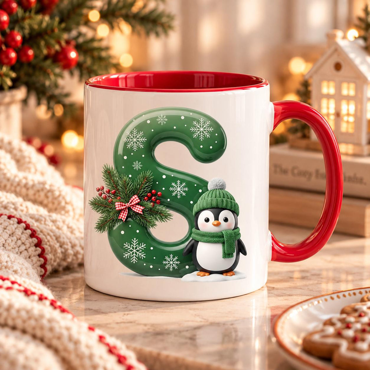 Personalized Christmas Initial Mug, Green Letter Coffee Cup with Penguin and Snowflakes