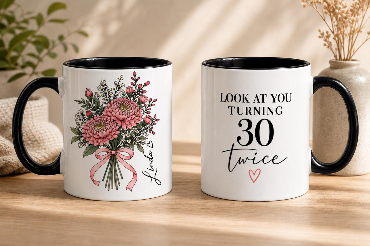 60th Birthday Gift, Personalized Floral Mug for Women with Custom Name, Turning 60 Coffee Cup