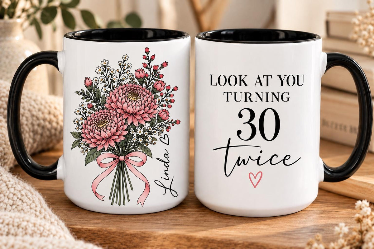 60th Birthday Gift, Personalized Floral Mug for Women with Custom Name, Turning 60 Coffee Cup