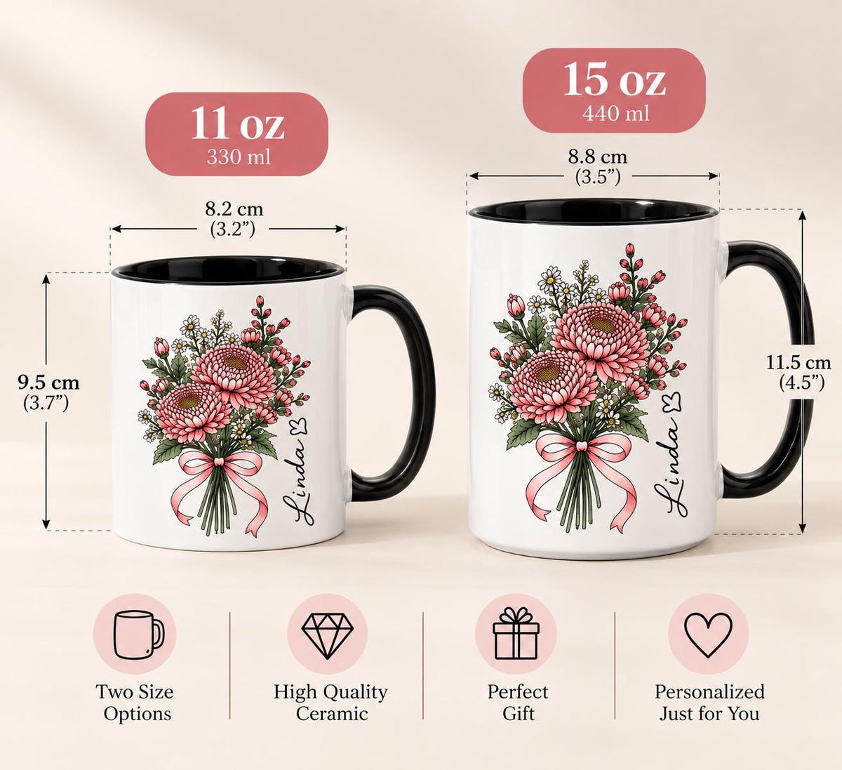 60th Birthday Gift, Personalized Floral Mug for Women with Custom Name, Turning 60 Coffee Cup