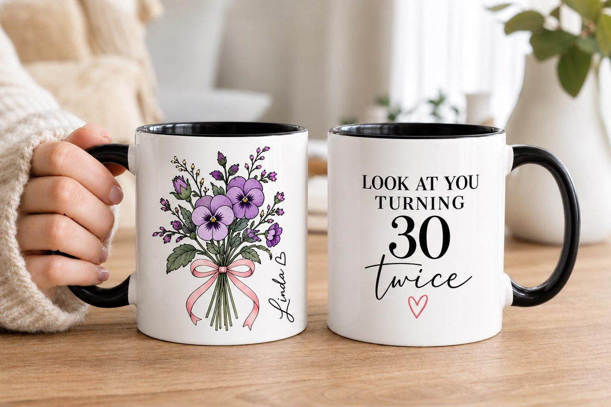 60th Birthday Gift, Personalized Floral Mug for Women with Custom Name, Turning 60 Coffee Cup